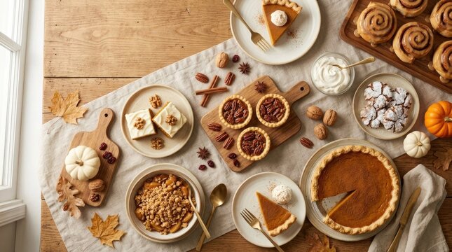 Top view of delicious autumn pies and treats on a table