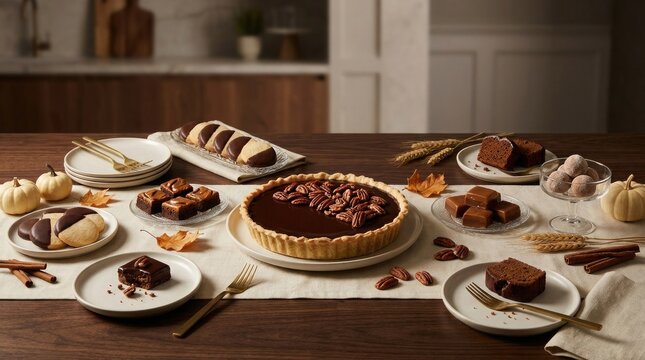 Pecan pie and chocolate desserts on a dining table