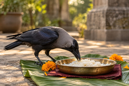 Pitru paksha crow eating rice from brass plate arranged on banana leaves with marigold flowers during traditional durga puja ancestral offering ceremony