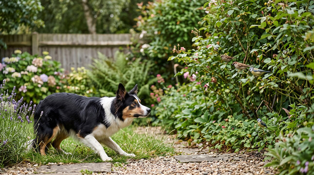 Intelligent Border Collie Dog Crouching and Staring Intently at Small Birds in a Lush Green Backyard Garden, Showing Herding Instinct and Focused Behavior in a Natural Outdoor Setting.