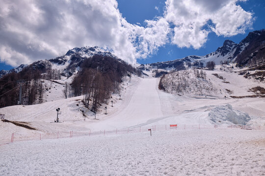 The ski run on the mountainside of the Aibga Ridge. Rosa Khutor Alpine Resort. Sochi. Russia