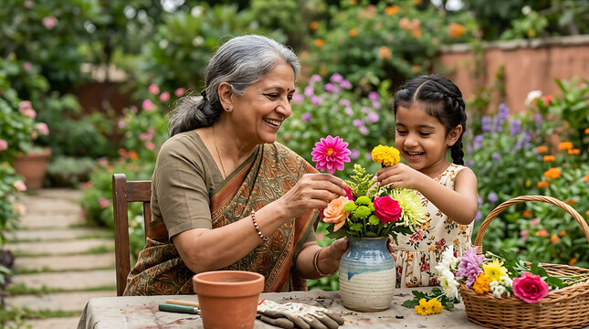 heartwarming moment of a grandmother and granddaughter engaging with colorful flowers in a garden