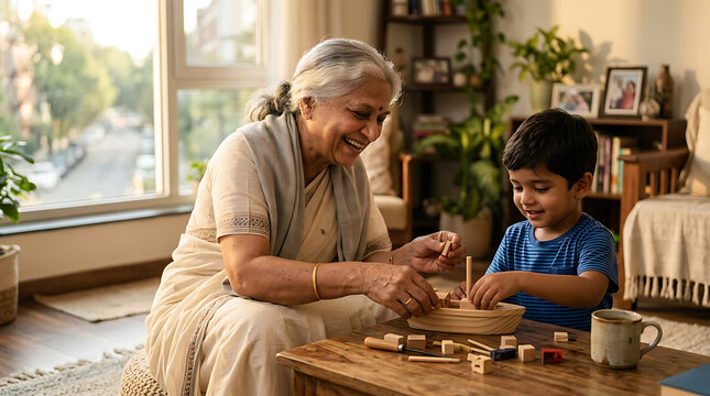 intergenerational bonding with grandmother and grandson enjoying playful activities in cozy living room setting