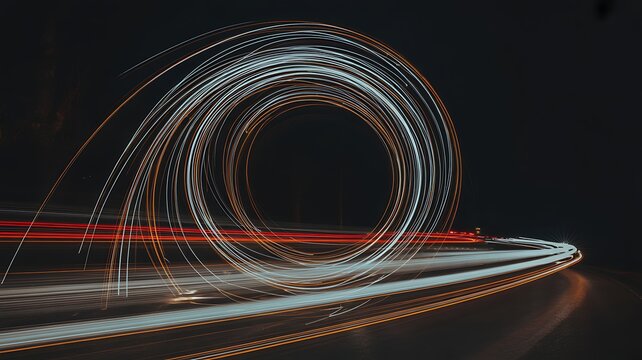 Striking long exposure photograph of vivid car light trails swirling into a captivating spiral on a dark background. 