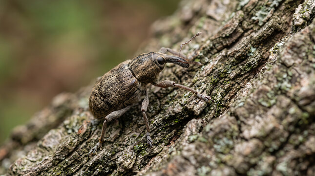 Macro shot of a weevil beetle (Curculionidae) crawling on the textured bark of a tree in its natural habitat, showing detailed snout, antennae, and legs against a soft bokeh forest background.