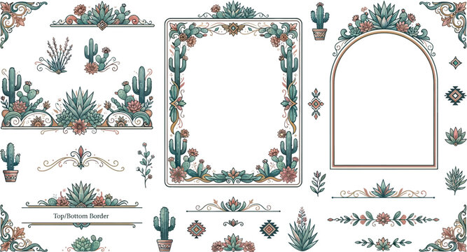 Decorative vector frames and borders featuring desert succulent cactus plants