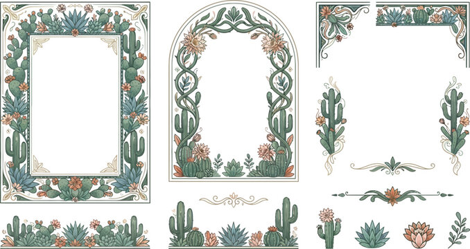 Decorative vector frames featuring intricate hand drawn succulent cactus floral designs