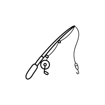 Fishing rod icon featuring simple black line art outline isolated on transparent background perfect for outdoor hobby gear travel adventure or recreational sports.