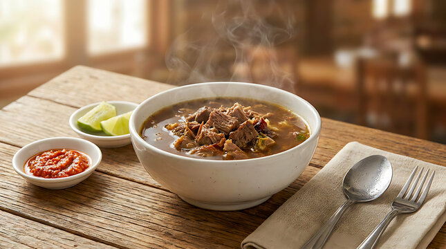 Authentic Coto Makassar Beef Soup with Sambal and Lime.