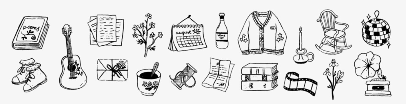 Cozy lifestyle collection featuring books, guitar, letters, wine, cardigan, candle, rocking chair, vinyl record and nostalgic everyday objects.