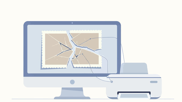 Illustration of A Broken Digital Stamp Displayed On A Computer Monitor Next To A Printer