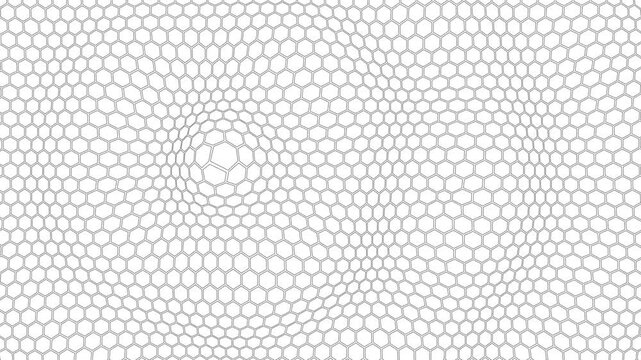 Abstract grey hexagonal mesh with wave and distortion effects forming a seamless futuristic grid pattern