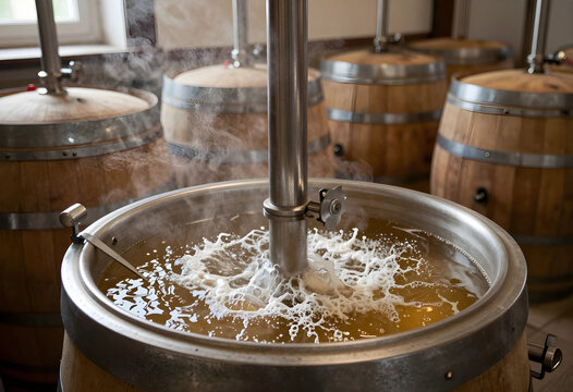 Craft beer brewing and fermentation process, industrial production of artisanal ale in wooden barrels with steam and liquid agitation in a brewery