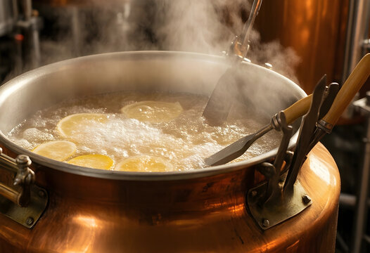 Craft brewing and artisanal production, boiling wort with citrus in copper kettle for beer making process in industrial brewery with steam and heat
