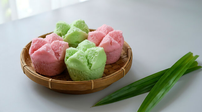 Pink and Green Indonesian Steamed Kue Apem on Woven Bamboo Plate