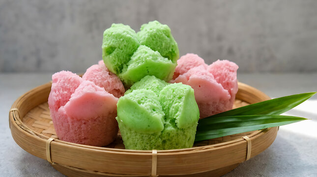 Close-Up Traditional Indonesian Kue Mangkok Steamed Cakes in Pink and Green.