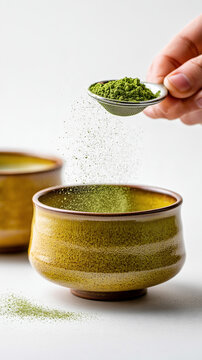 Handmade Yellow Gold Ceramic Chawan with Matcha Powder Being Sifted
