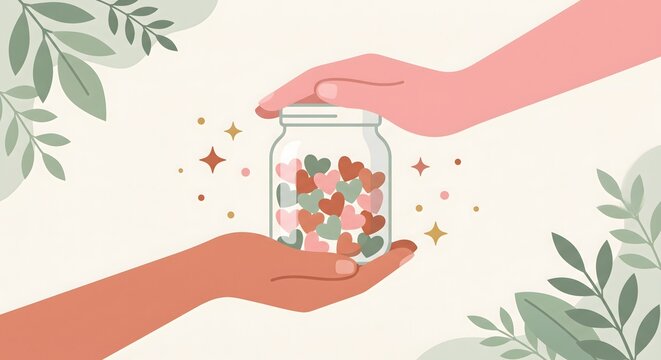 Heartwarming flat vector illustration of two hands holding a glass jar filled with colorful heart candies, symbolizing kindness and generosity, created as generative AI artwork.
