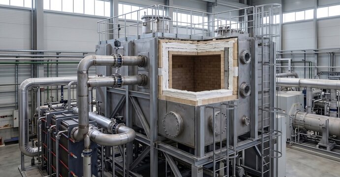 Industrial thermal energy storage system inside modern facility with refractory insulation and metal piping