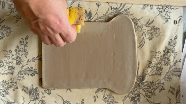A hand holds a yellow sponge and smooths a flat gray clay slab on a floral cloth surface, a craft process shot for ceramic making.