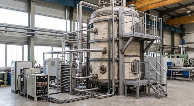 Industrial thermal energy storage system with refractory lined vessel and metal piping in modern facility