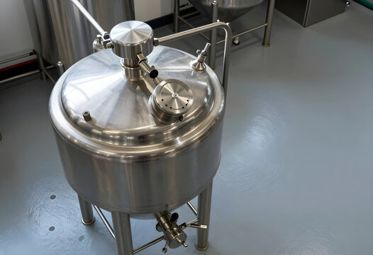 Craft brewery production and industrial beverage manufacturing, stainless steel fermentation tank in a modern brewery facility for beer brewing process