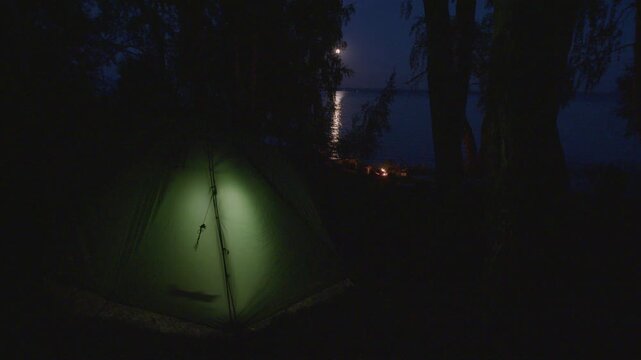 Bonfire burns on the coastal campsite surrounded by trees and with the Moon rising on the background and green tend on the foreground