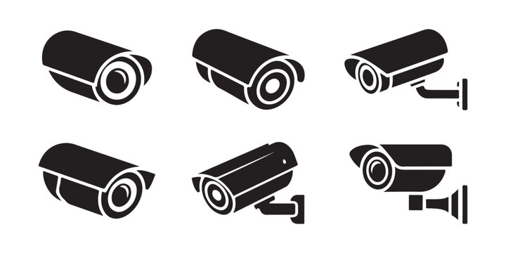 Isometric security camera designs in black silhouette on transparent background.