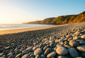 Fototapeta premium Nature conservation and environmental serenity, pebble beach with golden sunset light on coastal cliffs and calm ocean waves at dusk in summer