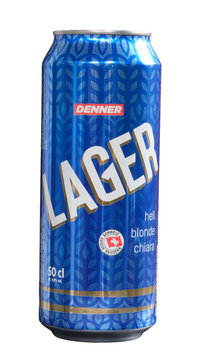 Eine 50cl-Dose Schweizer Lagerbier der Marke Denner freigestellt mit transparentem Hintergrund im PNG Format, Z&uuml;rich 16.9.2026