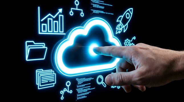 Close up of a human hand pressing a glowing holographic cloud icon with futuristic digital interface elements like data charts, rocket, and folders representing cloud computing services.