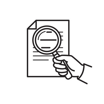 Hand using a magnifying glass to inspect and review a paper document icon.