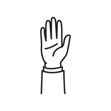 Raised open hand showing palm for voting, stop, greeting, or participation icon.