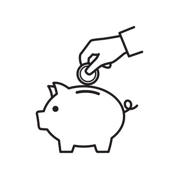 Hand saving money by dropping a coin into a piggy bank icon. 
