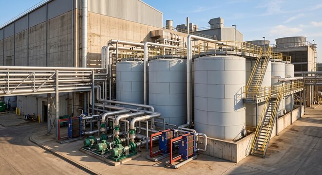 Industrial thermal energy storage tanks with pipe racks and heat exchangers in modern facility