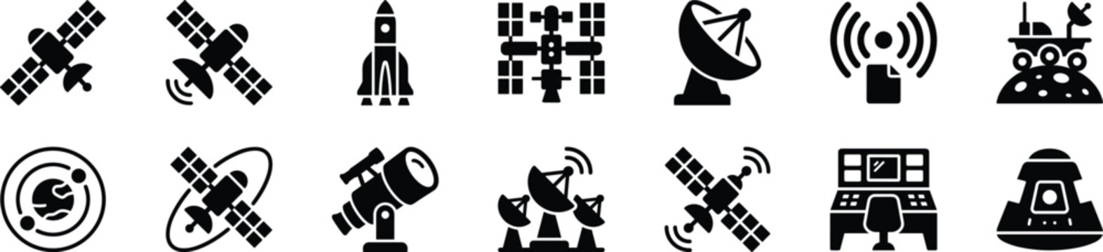 Set of flat vector icons representing space exploration technology and astronomy