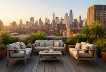 Fototapeta premium Urban lifestyle and luxury real estate, rooftop terrace with outdoor furniture overlooking city skyline at sunset for high end property development