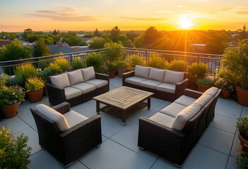 Fototapeta premium Luxury rooftop terrace lifestyle, outdoor lounge furniture set on a balcony with sunset view for real estate development and urban living concepts
