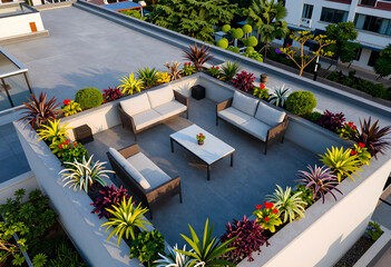 Fototapeta premium Urban lifestyle and rooftop garden design, modern terrace with outdoor furniture and landscaping for luxury real estate development and architecture
