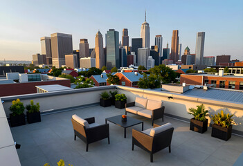 Fototapeta premium Urban lifestyle and real estate investment, rooftop terrace with skyline view and modern outdoor furniture for luxury living and city apartment living