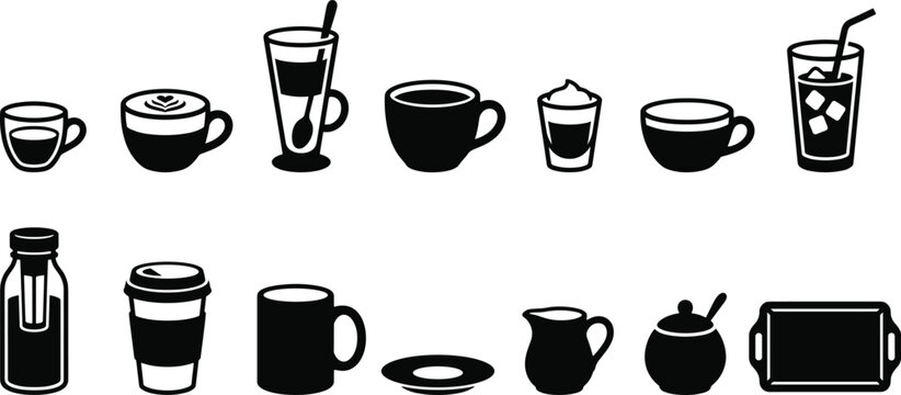 Set of black coffee and cafe beverage icons for menu design