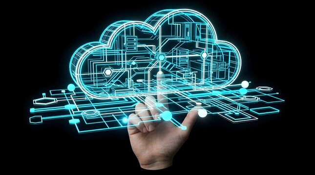 Concept of cloud computing and big data network with human hand touching a futuristic holographic digital server interface on dark background for global communication and technology