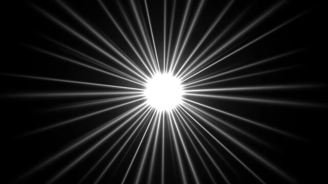 Anime rotating halo light rays seamless loop on black background, white beams spinning around a glowing orb, divine 2D cel style 4K motion graphic overlay