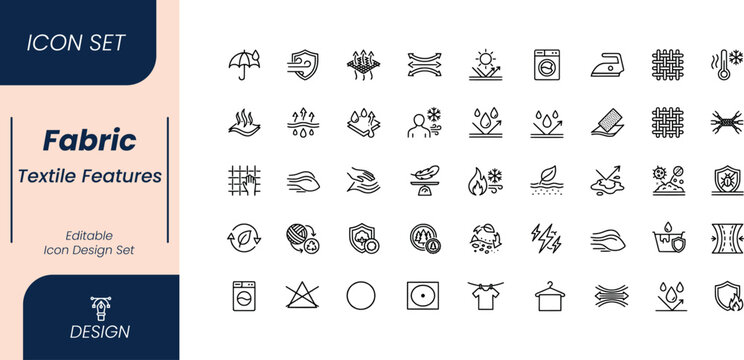 Set of fabric and textile feature icons representing material properties like waterproof, breathable, thermal, and laundry care symbols in line art