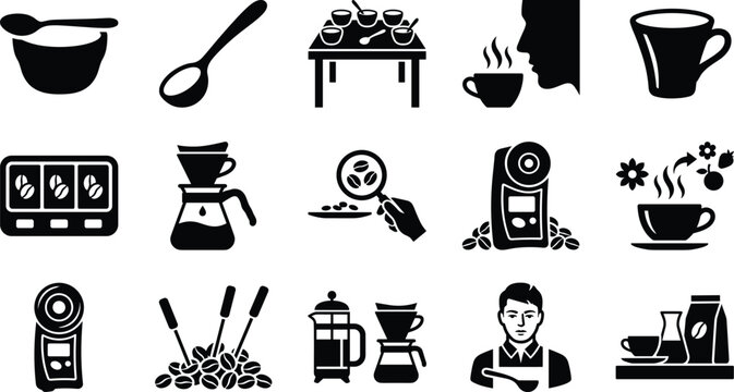 Set of black and white coffee icons depicting brewing processes and tasting tools for cafe menu design
