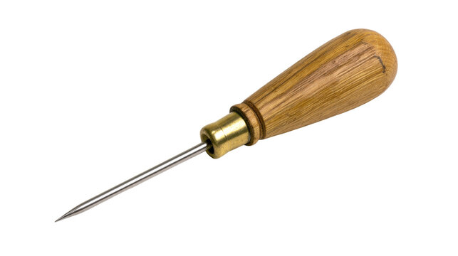 A sharp metal tool used for marking wood or leather surfaces features a polished steel point and a sturdy ergonomic grip for precision work