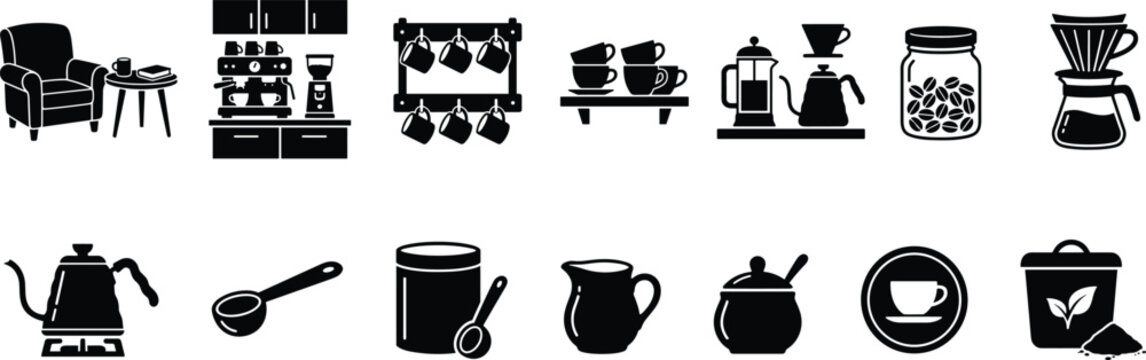 Set of black silhouette coffee and tea brewing equipment and cafe related items icons
