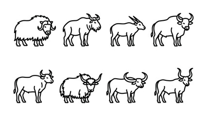 Fototapeta premium Bovine Breeds Collection: A line-up of various bovine species illustrated in a simple, clean line art style, showcasing their unique forms and horns.