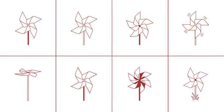 Minimalist pinwheel icon set, 8 red line art wind spinner vector elements, simple paper windmill illustrations for garden and energy concepts