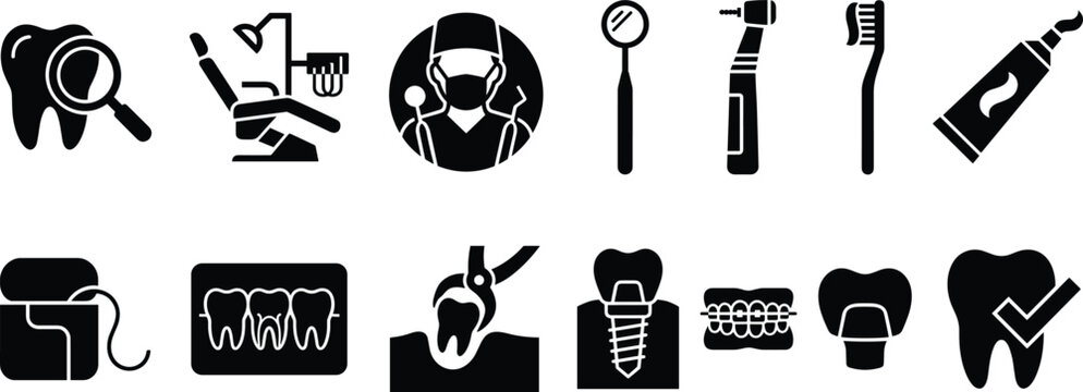Set of black dental icons featuring various professional tooth care tools and oral hygiene equipment